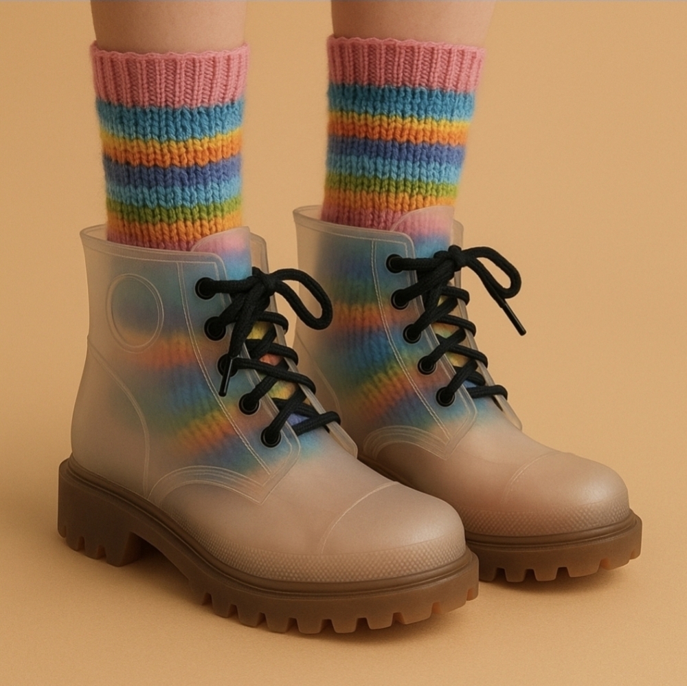 Regia Women's Clear Transparent Lace Up Rubber‎ Rain Boots Waterproof Size 6